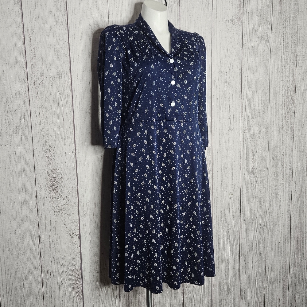 VTG Volup Montgomery Ward Navy Blue Midi Dress With Leaf Print, sz Large/XL - Picture 2 of 8